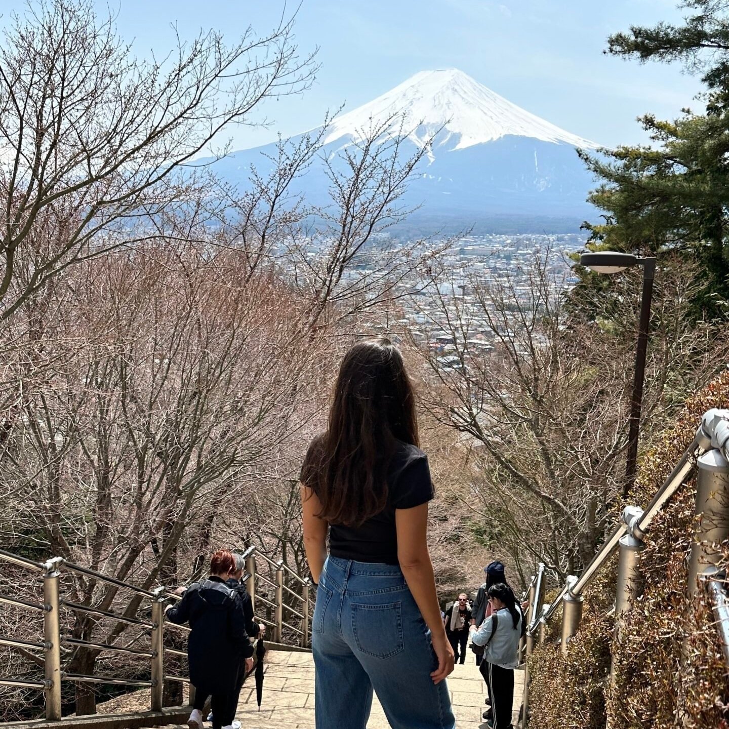 Arakurayama Sengen Park merdivenlerinde Fuji Dağı manzarasına doğru yürüyüş