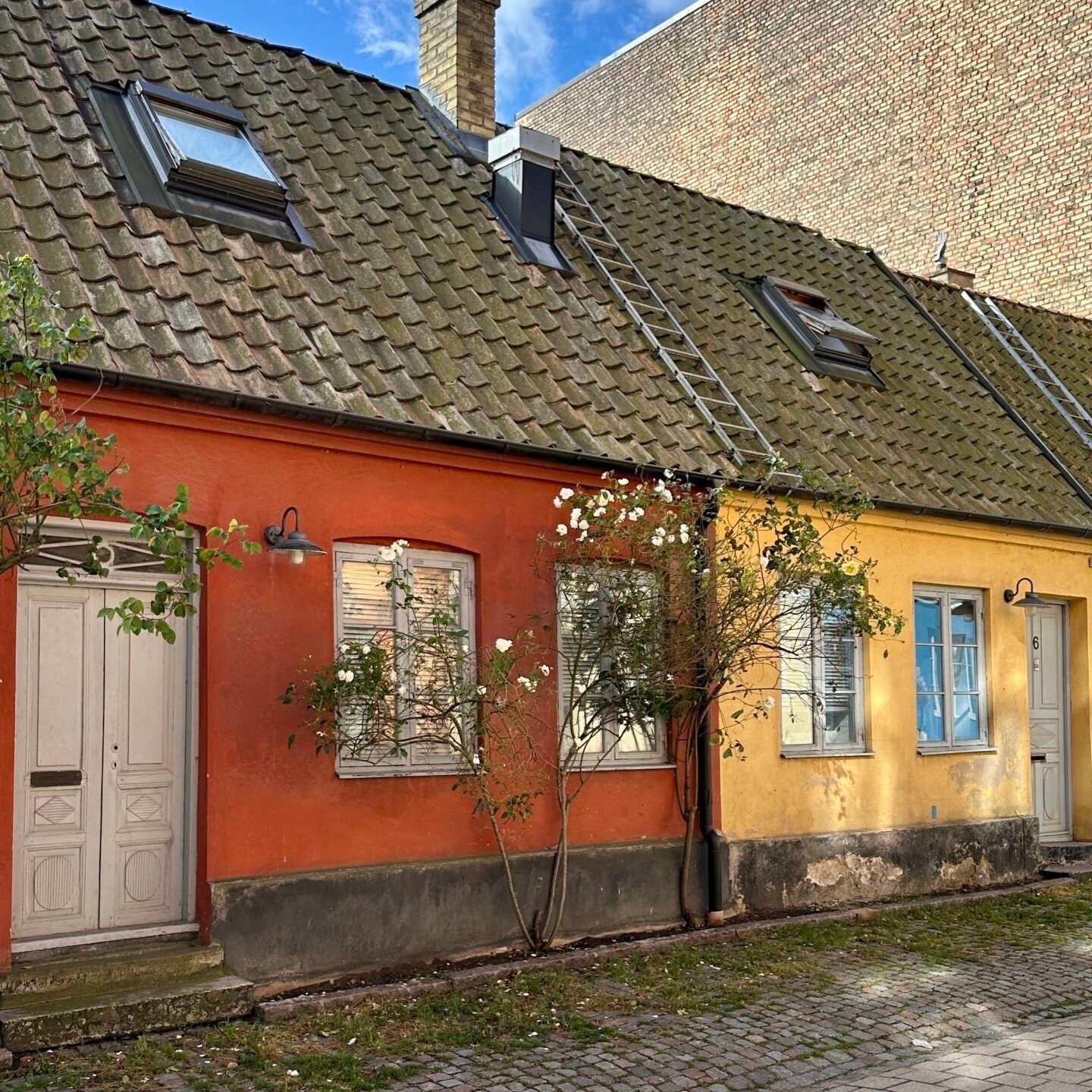 Malmö’de renkli küçük evler ve taş döşeli sokak, İsveç şehir manzarası