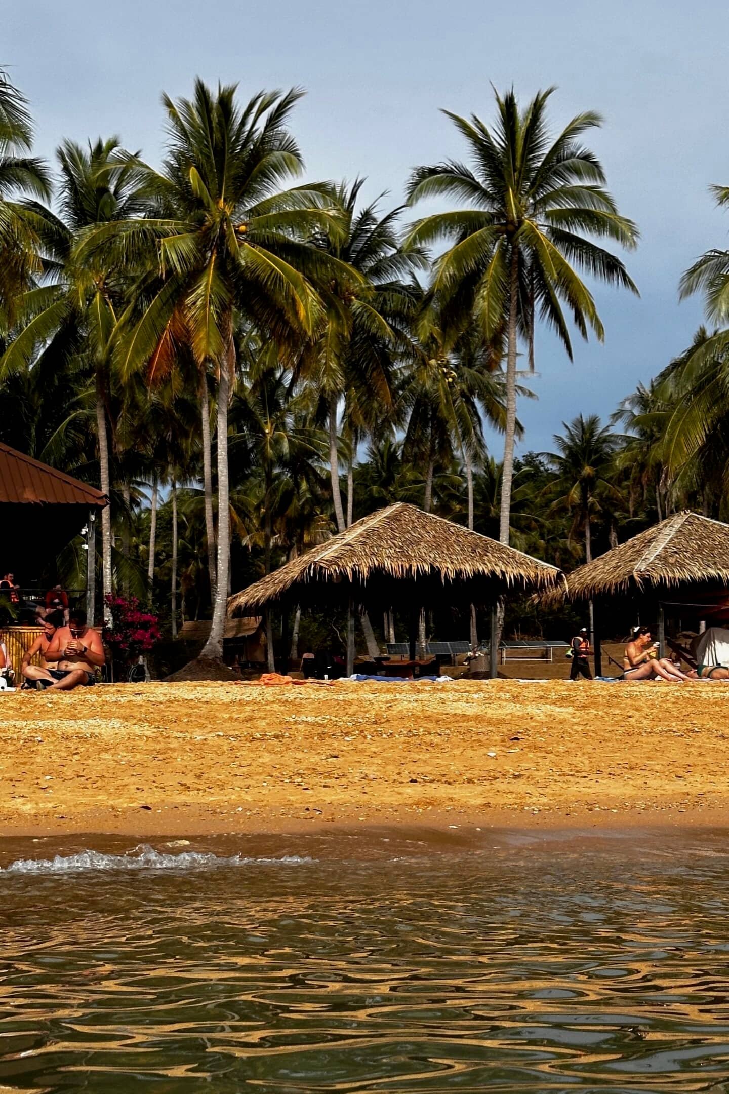 Deniz seviyesinden çekilmiş palmiye ve saz çatılı kulübelerle tropik plaj manzarası,tayland