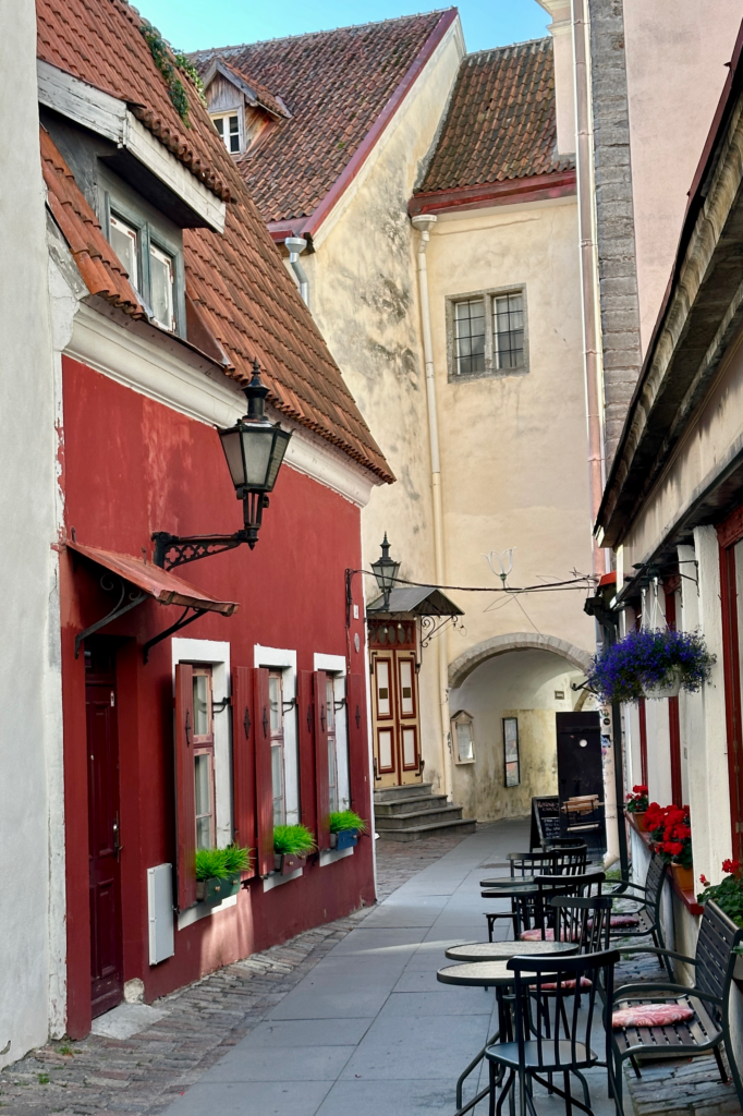 allinn Eski Sehir’de dar sokakta kirmizi cepheli evler, sokak lambalari ve kemerli gecit manzarasi.