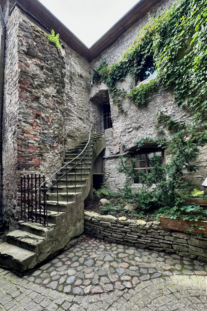 Tallinn Eski Sehir’de tas duvarli sarmasikli avlu ve merdiven, tarihi atmosfer.