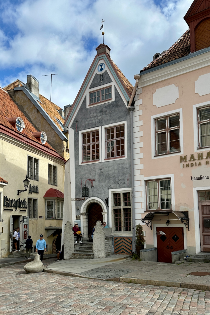 Tallinn Belediye Meydani cevresinde Raeapteek ve renkli tarihi binalar manzarasi.