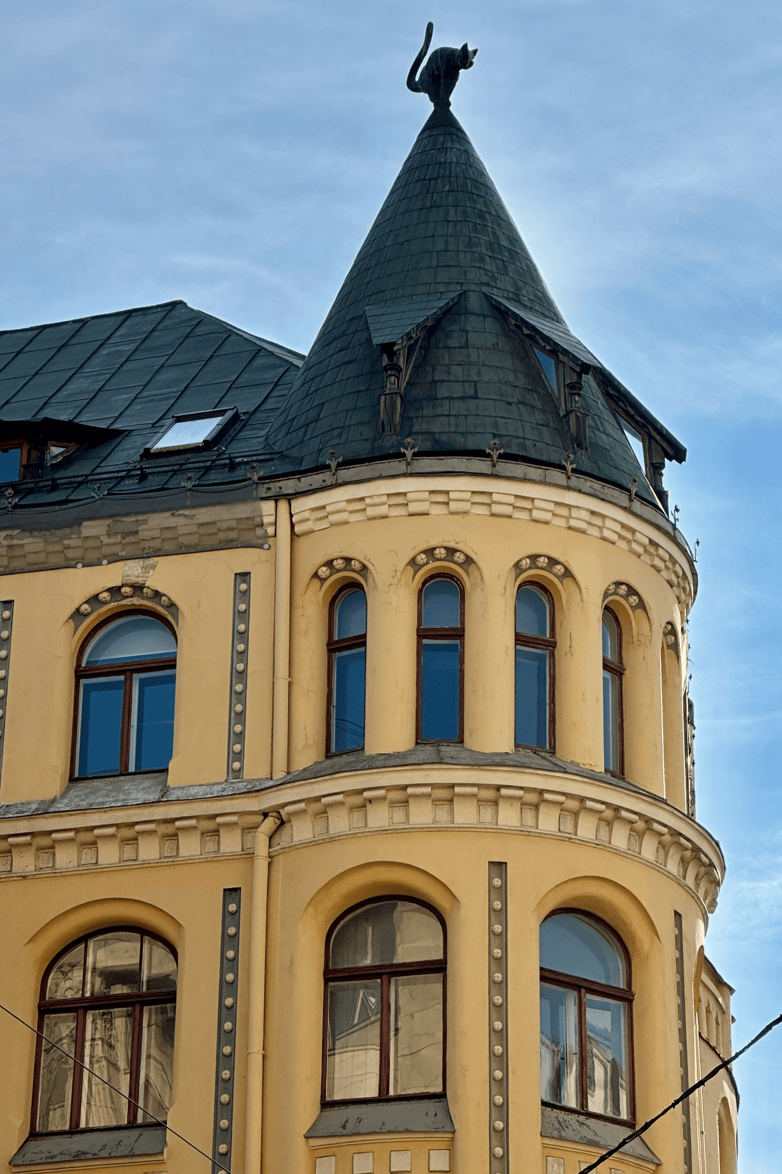 Riga Cat House binasının çatısındaki siyah kedi heykeli yakın plan